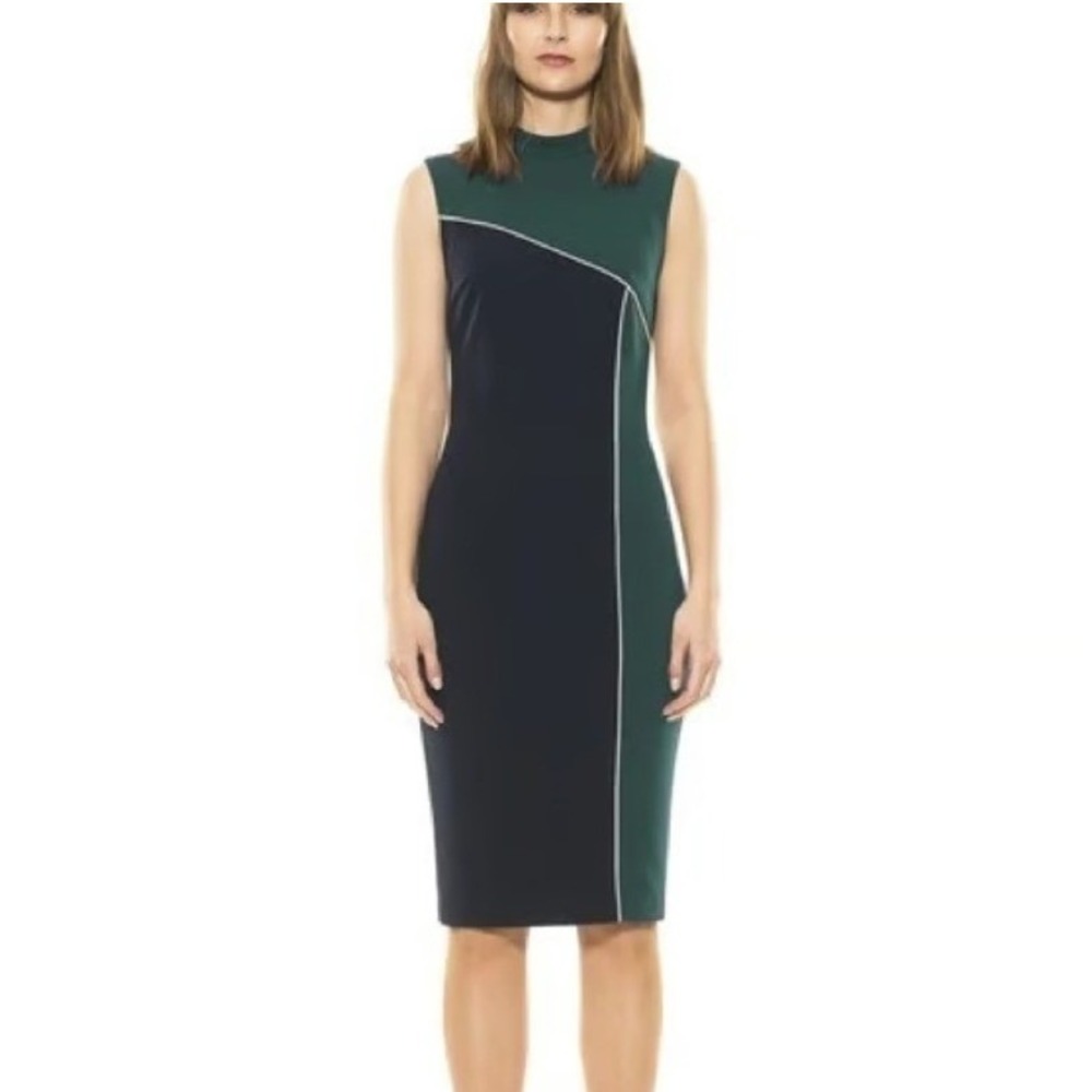 Alexia Admor Hunter Green Navy Colorblock Mock Neck Sheath Dress M
